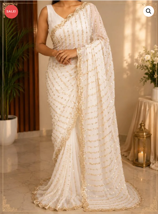 1 Min Gold White Georgette Readymade Saree Blouse UK Next Day