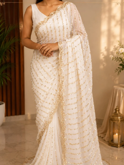 A woman wearing a white saree with gold sequin embellishments and a matching blouse, standing in a warmly lit indoor setting with plants and a lantern visible in the background.