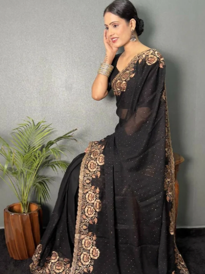 Black Rust Gold  Predraped Saree Blouse Piece Uk Next Day