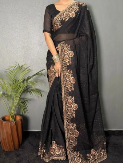 Black Rust Gold  Predraped Saree Blouse Piece Uk Next Day