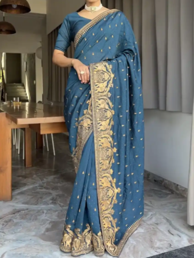 Teal Blue Rust Gold  Predraped Saree Blouse Piece Uk Next Day
