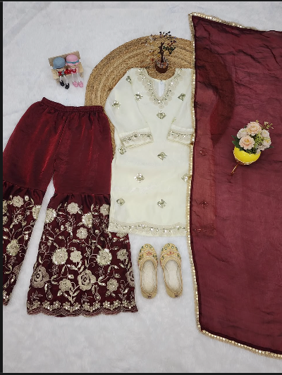 Kids Cream and Maroon Fendi Silk Suit with Embroidery Lace Pant Set