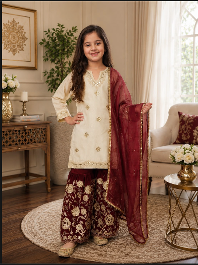 Kids Cream and Maroon Fendi Silk Suit with Embroidery Lace Pant Set