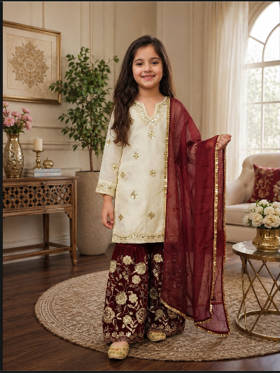 Kids Cream and Maroon Fendi Silk Suit with Embroidery Lace Pant Set