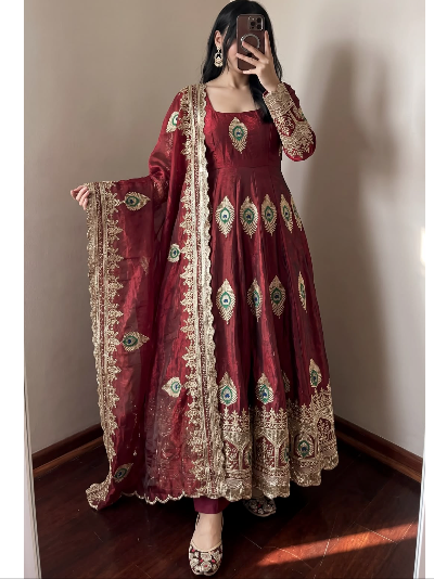 Peacock DarkRed  Embroidered Anarkali Long Gown Suit Set
