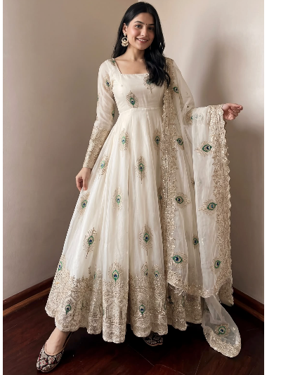 Peacock Cream Embroidered Anarkali Long Gown Suit Set
