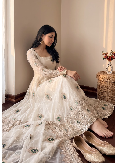 Peacock Cream Embroidered Anarkali Long Gown Suit Set
