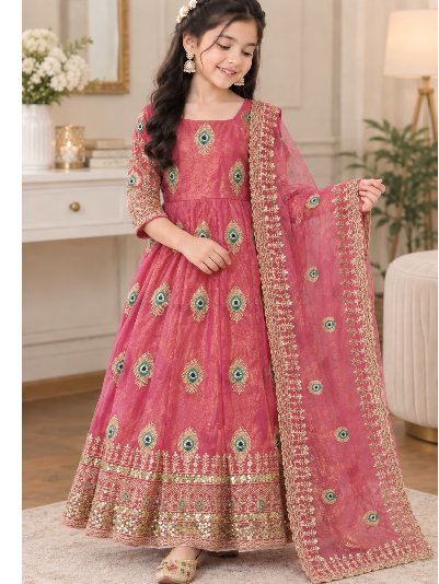 Kids Anarkali Pink Silk Gown Zari Sequins Dupatta Set