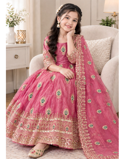 Kids Anarkali Pink Silk Gown Zari Sequins Dupatta Set