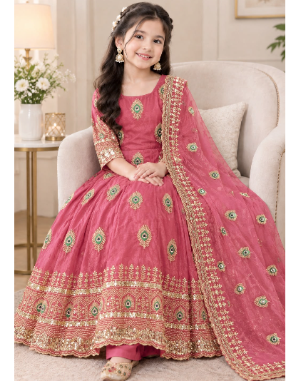 Kids Anarkali Pink Silk Gown Zari Sequins Dupatta Set