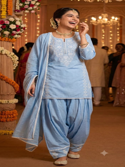 Womens Blue Premium Cotton Farshi Suit with Computer Embroidery &amp; Mulmul Dupatta