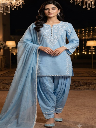 Womens Blue Premium Cotton Farshi Suit with Computer Embroidery &amp; Mulmul Dupatta