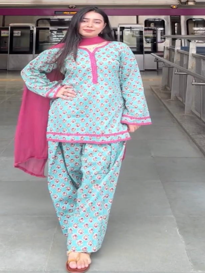Womens Aqua Blue Floral Printed Farshi Cotton Suit with Rani Pink Detailing
