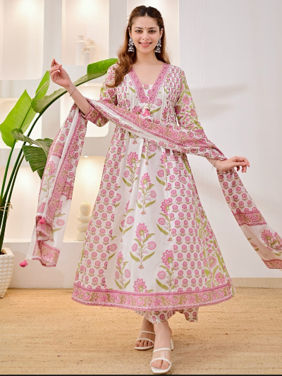 White and Pink Printed Soft Cotton Anarkali Suit Set