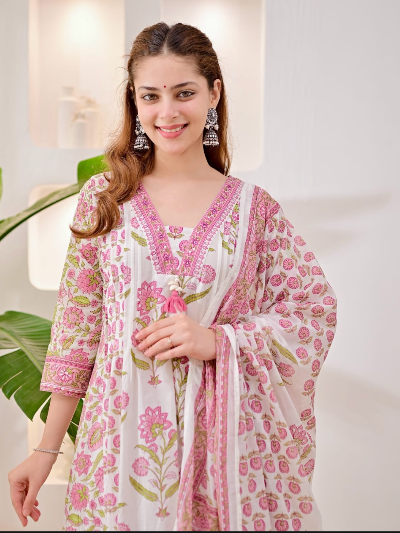 White and Pink Printed Soft Cotton Anarkali Suit Set