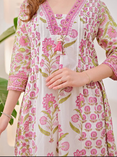 White and Pink Printed Soft Cotton Anarkali Suit Set