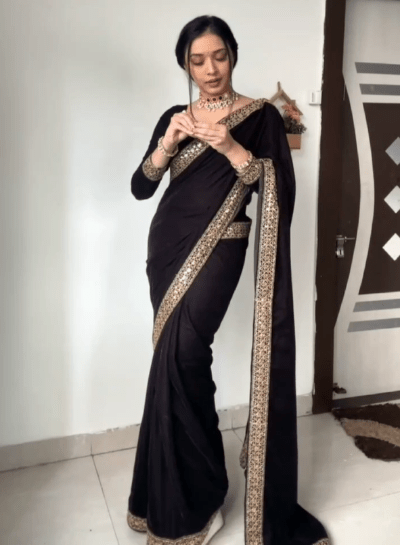 1 Min Black Velvet Stitched Readymade Saree with Blouse Piece - BONYHUBSAREE