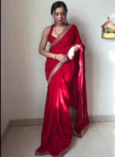 1 Min Red Velvet Stitched Ready to Wear Saree with Blouse Piece - BONYHUBSAREE
