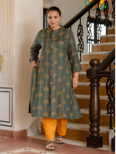 Plus size Green Front Slit Princess Kurti UK Next Day - BONYHUBSALWAR KAMEEZ