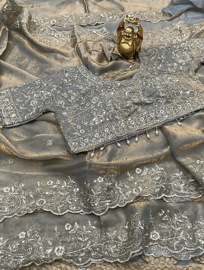 Grey Silk Sari Free Stitched Blouse - BONYHUBSAREE