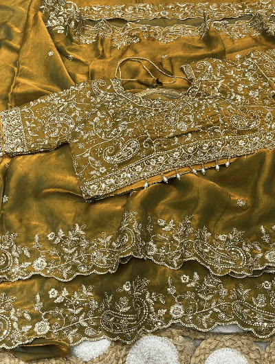 Gold Silk Sari Free Stitched Blouse - BONYHUBSAREE