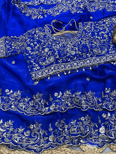 Royal blue Silk Sari Free Stitched Blouse - BONYHUBSAREE
