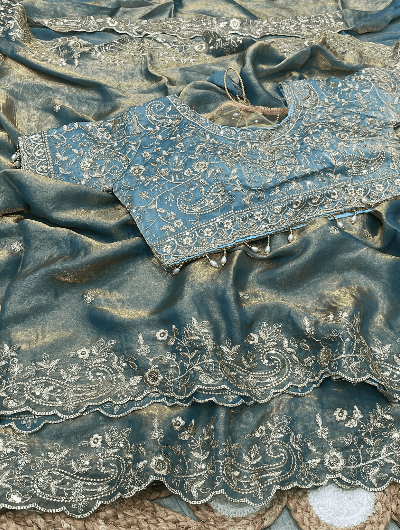 Seagreen Silk Sari Free Stitched Blouse - BONYHUBSAREE