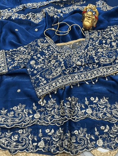 TealBlue Silk Sari Free Stitched Blouse - BONYHUBSAREE