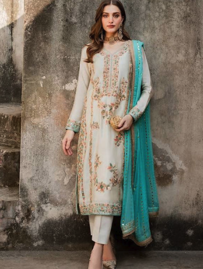 White & Seablue Embroidery Moti Work Straight Suit