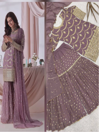 Pastel Lilac Gold Embroidery Gharara Suit Set