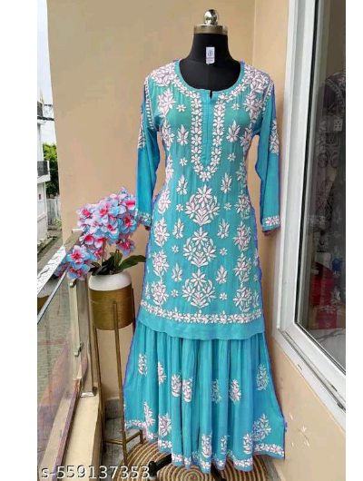 Lucknowi Chikankari Kurti Sharara 2 Pcs
