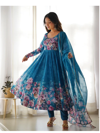 Bollywood Organza Silk Anarkali Suit Set of 3