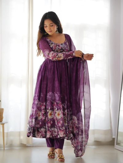 Bollywood Organza Silk Anarkali Suit Set of 3