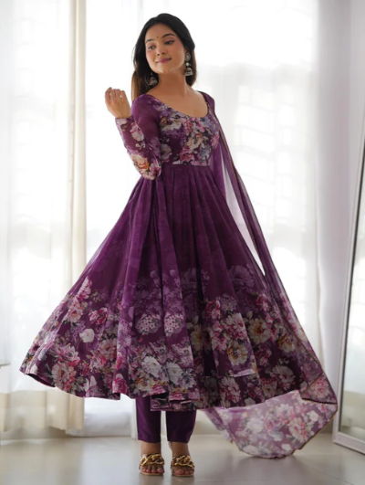 Bollywood Organza Silk Anarkali Suit Set of 3