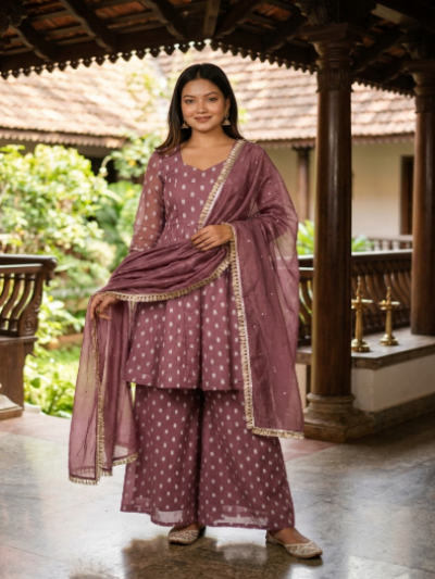 A woman modeling a three-piece salwar kameez suit in a dusty purple shade with white polka dots and gold zari borders, standing on a traditional porch.