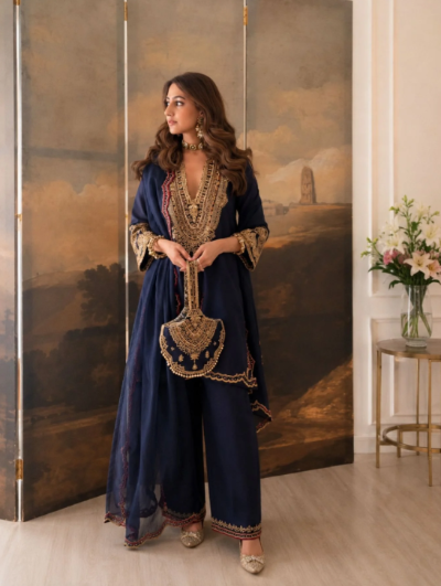 Navy Blue Rich Embroidery Work Palazzo Suit with Matching Bag