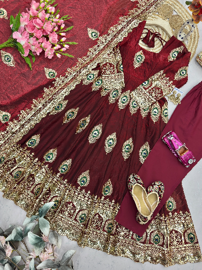 Peacock DarkRed  Embroidered Anarkali Long Gown Suit Set