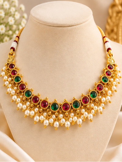 A gold-plated traditional Indian choker necklace with green, red, and white stones, shown both laid flat on a beige surface and displayed on a cream-colored mannequin bust.