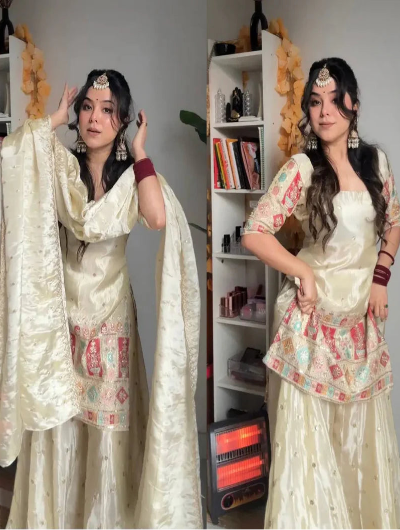 Chandni Ivory Cream Embroidered Chinon Silk Sharara Set
