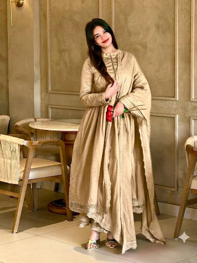 Gold Roman Silk Embroidery Modest Anarkali Suit