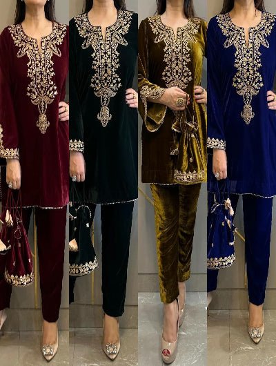 Velvet Heavy Embroidered Sleeves Kurti Pant Set - BONYHUBSALWAR KAMEEZ