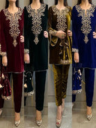 Velvet Heavy Embroidered Sleeves Kurti Pant Set - BONYHUBSALWAR KAMEEZ