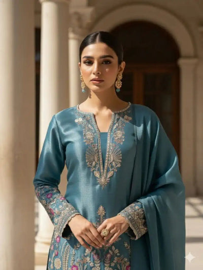 Teal Blue Designer Embroidery Farshi Suit