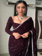 Burgandy Velvet Ready to Wear Moti Work Saree with Blouse piece - BONYHUBSAREE
