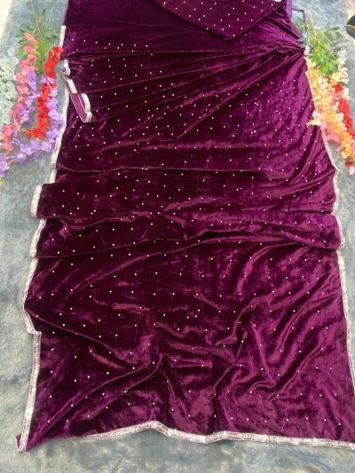 Burgandy Velvet Ready to Wear Moti Work Saree with Blouse piece - BONYHUBSAREE