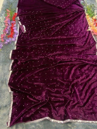 Burgandy Velvet Ready to Wear Moti Work Saree with Blouse piece - BONYHUBSAREE