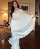 1 Min White Plain PreStitched Saree UK NEXT DAY - BONYHUBSAREE
