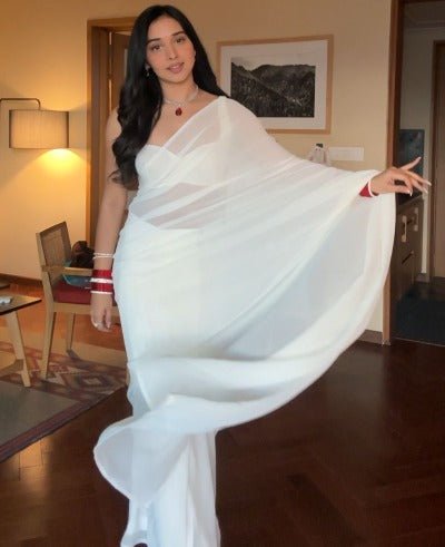 1 Min White Plain PreStitched Saree UK NEXT DAY - BONYHUBSAREE