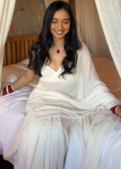 1 Min White Plain PreStitched Saree UK NEXT DAY - BONYHUBSAREE