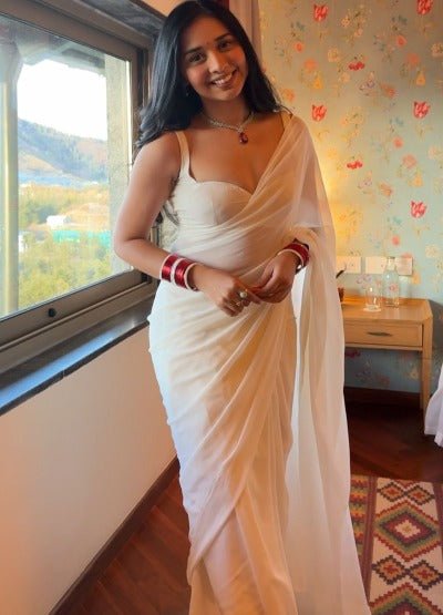 1 Min White Plain PreStitched Saree UK NEXT DAY - BONYHUBSAREE